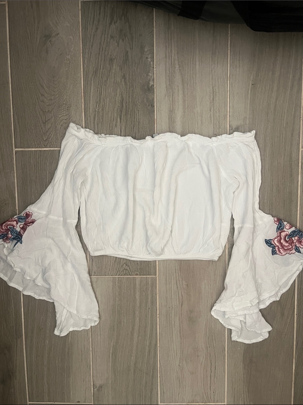 iris White Off-Shoulder Crop Top with Floral Embroidered Bell Sleeves